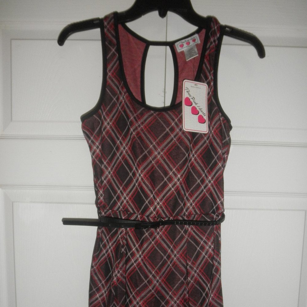 Three Pink Hearts Plaid Dress With Belt Size S